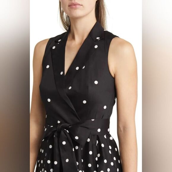 AnneKlein Cotton Fit Flare Faux Wrap Black White Polka Dot Midi Dress Us6 Medium - Picture 6 of 13